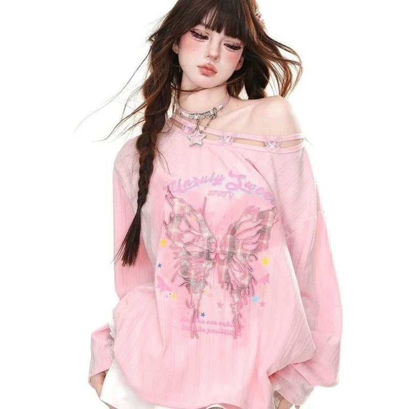 

Deeptown Y2k Harajuku Graphic T-shirts Women Juminocore Off Shoulder Pink Tees Japanese Style Oversized Streetwear Print T-Shirt