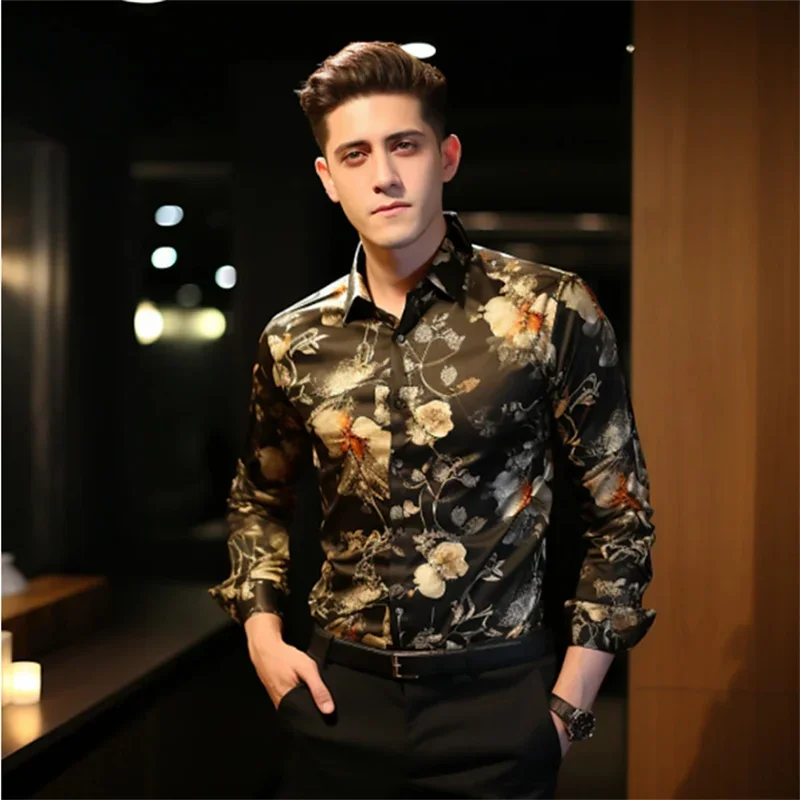 Men\'s Rose Printed 3D Printed Shirt Outdoor Street Long Sleeve Collar Fashion Designer Casual