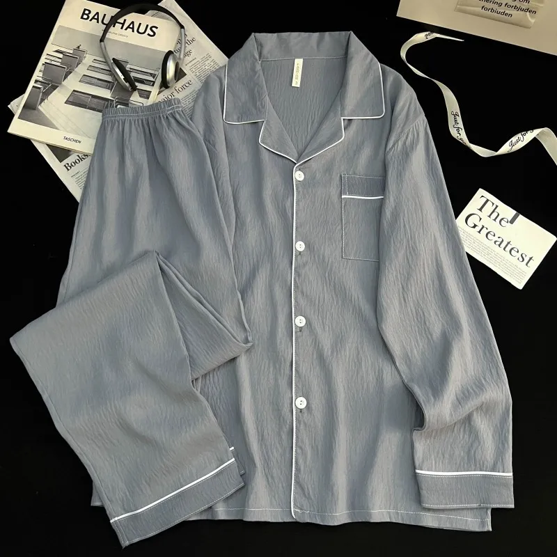 

Новые хлопковые мужские пижамы Cloud, весенне-осенний кардиган, легкие пижамы большого размера с длинными рукавами и воротником, комплект одежды для дома