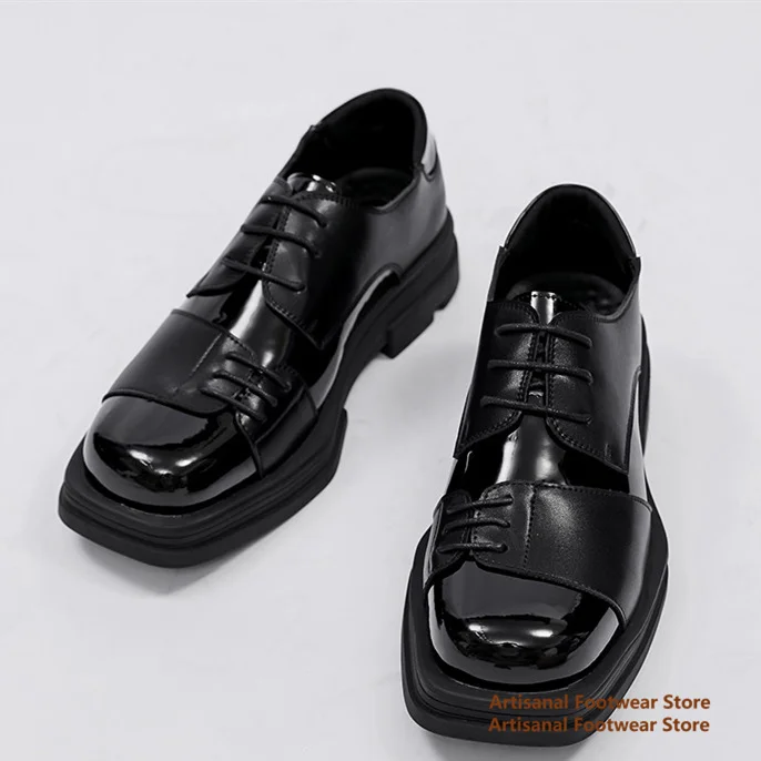 

Thick Soled Height Increasing Derby Shoes Square Toe Leather Shoes for Men Wedding, Business, Formal Wear Trendy Men's Shoes