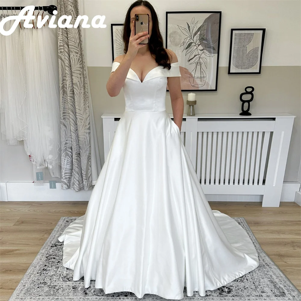 Customized Satin Off Shoulder Elegant Minimalism Wedding Dresses With Pockets Sweetheart A Line Sweep Train Brides Gown 2025