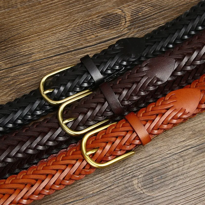 3CM wide belt men's leather woven top layer hand-woven needle couple casual versatile