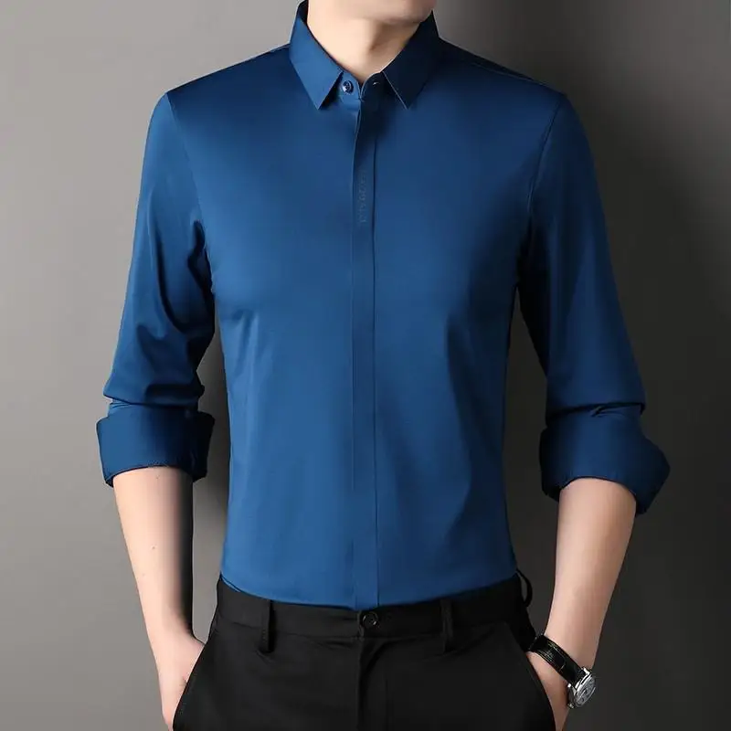 

Tagkita Men's Long Sve Busin Casual irt Ice Silk Anti-Wrinkle Elastic No-Iron Spring High-End irt Stand Fit