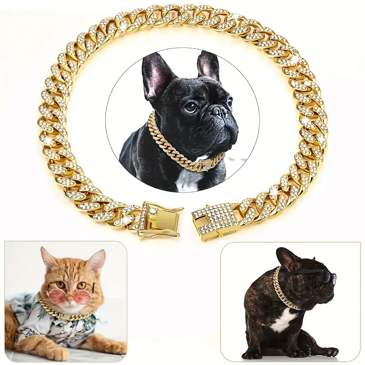 

Diamond Dog Chain Collar Gold Cuban Metal Chain Collar for Dogs Cats Pet Crystal Jewelry Accessories Cuban Collar