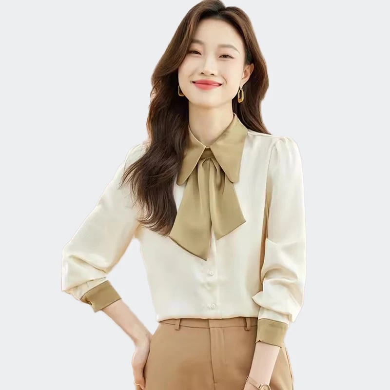 

Chic Color Stitching Bow Collar Women Blouses Elegant Office Lady Slim Satin Shirts Female Basic Tops Casual Women Clothing