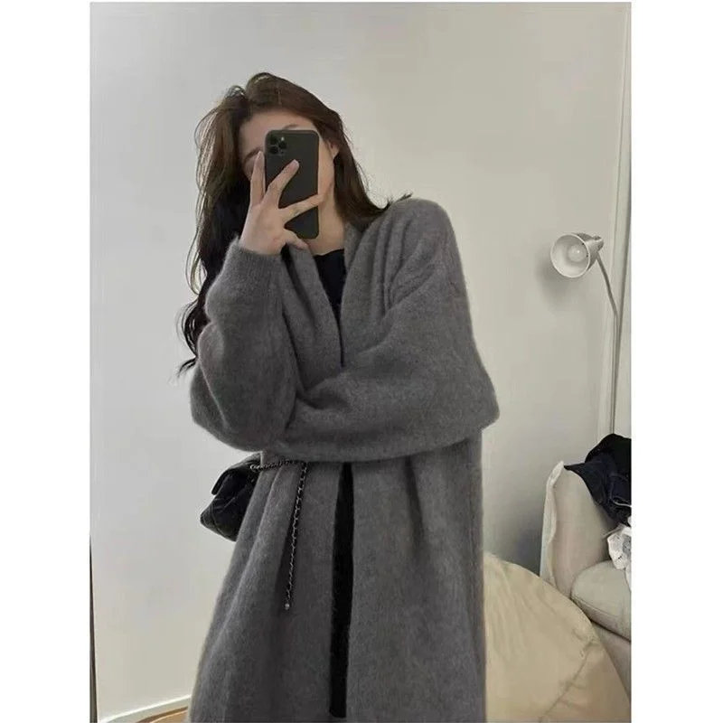 

Mid-Long Cardigans Japanese Womens Fall Knitting Stylish Slant Collar Outer Fairycore Puff Minimalist Wide-Collar Chunky Vintage