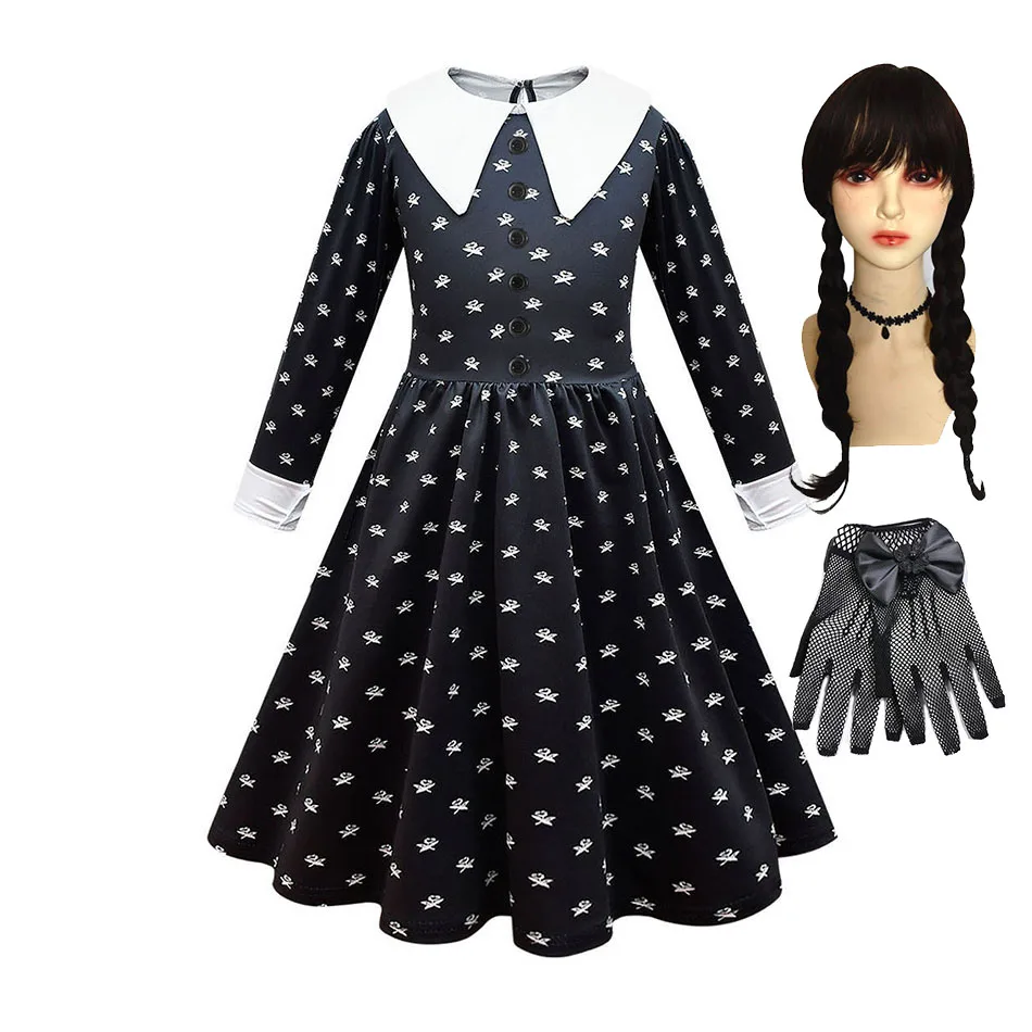 Girl Wednesday Addams Dress Children Peter Pan Collar Cosplay Costume Kids Long Sleeve Fantasy Spring Autumn Flared Skater Dress