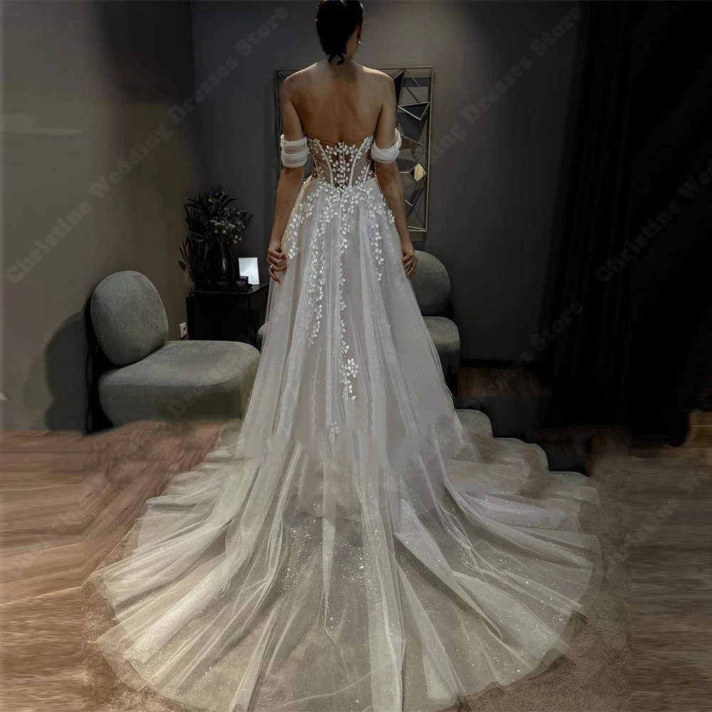 Mulheres fora do ombro Vestidos de casamento de tule, vestidos de noiva sem costas, estampado flores, Elegante, Vintage, Sexy, 2024