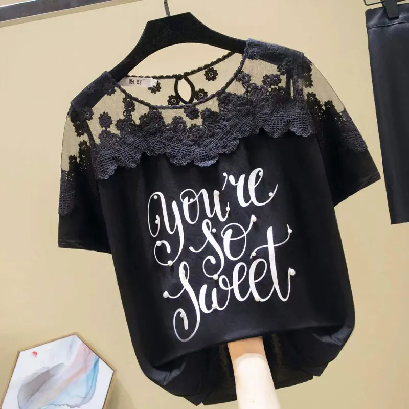 

Fashion Beading Letter Printed Shirt Summer Elegant Lace Hollow Out Spliced Female Clothing Casual Letter Printed O-Neck Blouse