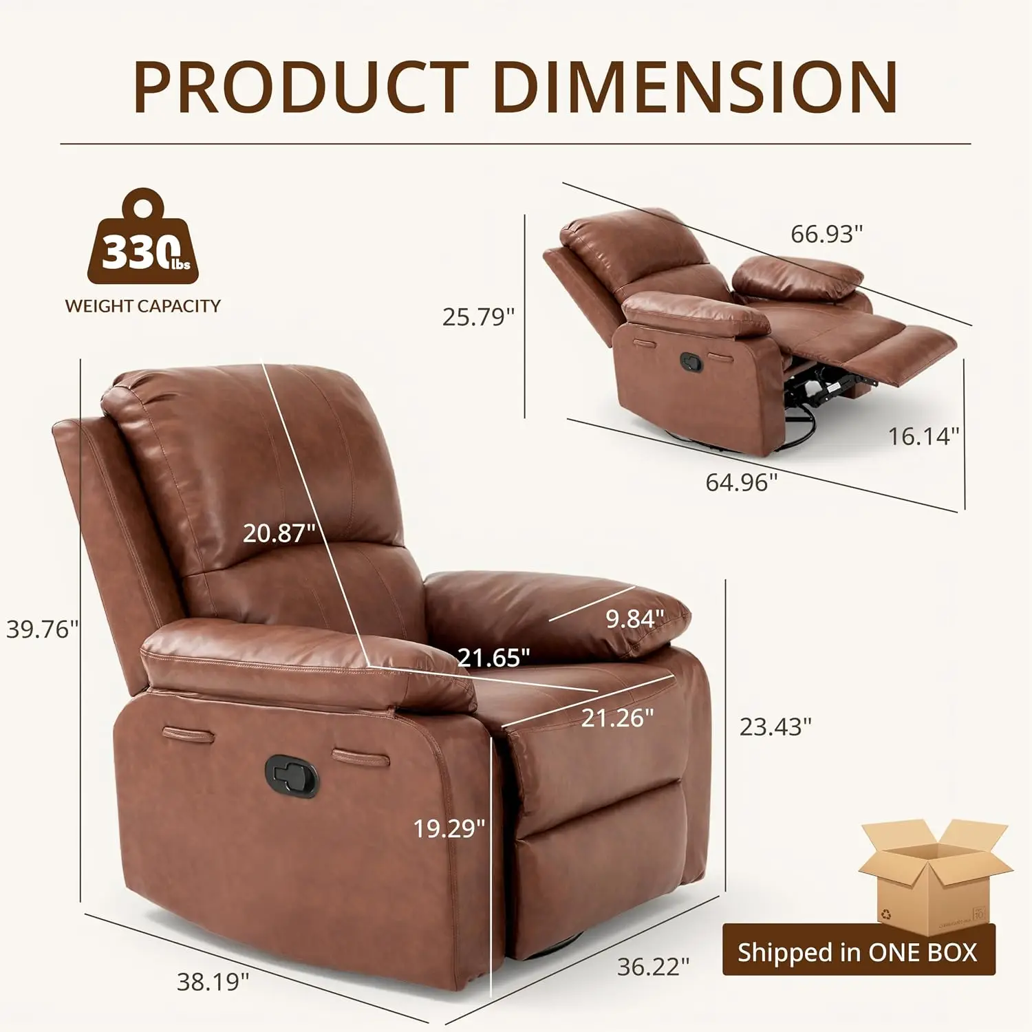 Camel Rocking Leather Recliner Adults 360 Swivel Overstuffed Manual Spring Cushion Glider Nursery Single Sofa Side Pockets Livin