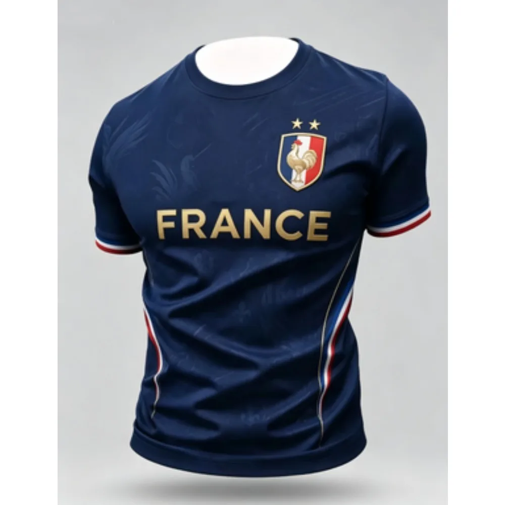 Navy Blue France Themed Soccer T Shirt Men Quick Dry Short Sleeve Football Fan Casual Sports Top Fashion Crew Neck Tee