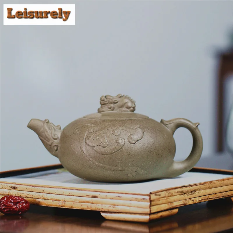 300ml Yixing Purple Clay Teapots Handmade Auspicious Beast Pot Raw Ore Dragon's Back Mud Tea Soaking Kettle Zisha Tea Set Craft