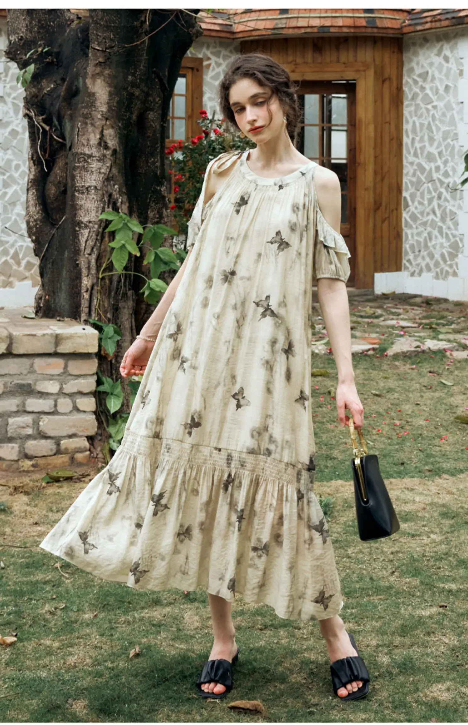 

OLrain Off-The-Shoulder Womens Dresses 2025 Summer Commute O Neck Ink Wash Print Hollow Elegant Dress Female Clothes O24XL91012