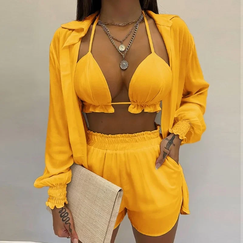 Summer New Women\'s Clothing Sexy Three-Piece Suit Beach Fashion Shorts Suit Casual Bra Shirt Shorts