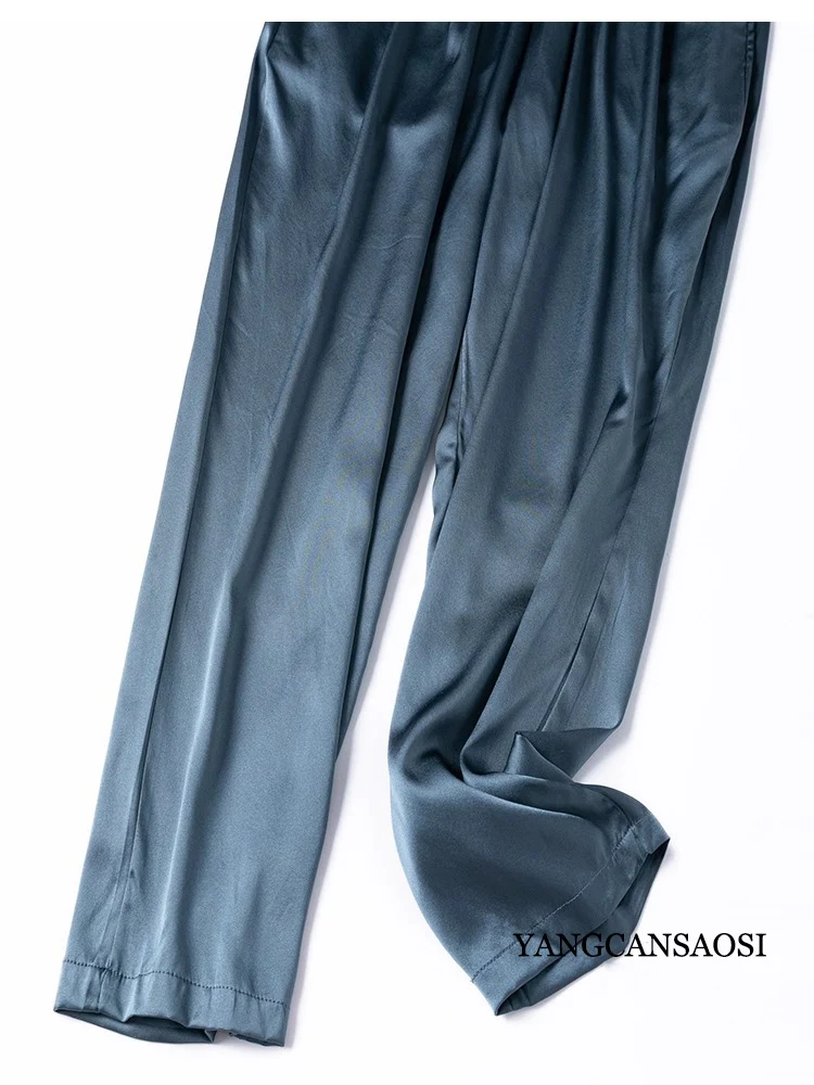 2025 Women's Casual Summer New 93% Natural Mulberry Silk Elastic Satin Grey Blue Elastic Waist Double Pocket Haren Pants