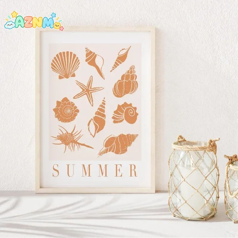 Boho Beach Surfer Girls Modern Surfboard Summer Seashell Poster and Print Canvas Printing Wall Art Picture for Living Room De