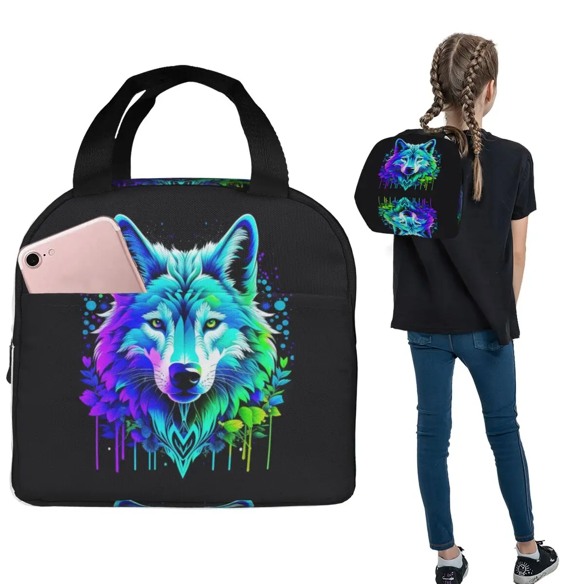 

Wild Wolf Lunch Bags Insulated Bento Box Portable Lunch Tote Leakproof Cooler Thermal Bag for Woman Children Work