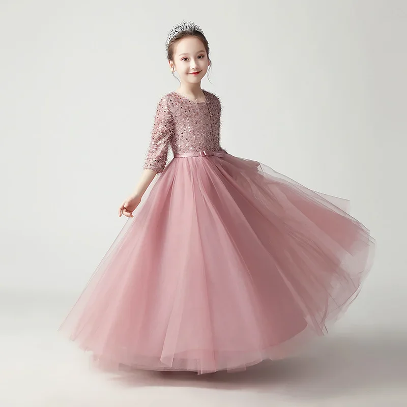 

Child Girl Evening Plush Sequin Dress Princess Elegant Pageant Formal Birthday Party Long Ball Gown Big Kids Red Pink Grey Frock