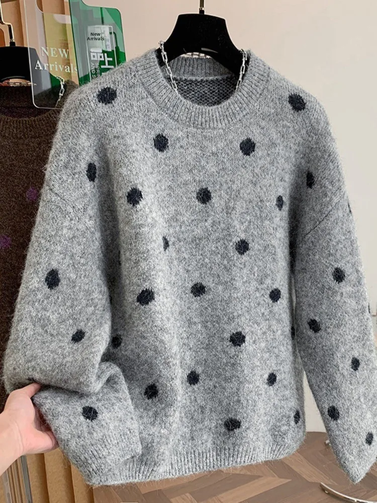 

Свободный корейский круглый вязаный свитер Ne в горошек, мягкий и уютный антивозрастной женский свитер для колледжа, весна-осень