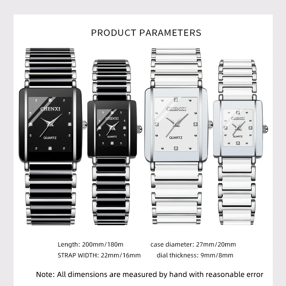 CHENXI Square Sets of Watches for Him and For Her Waterproof Ceramics White Women Men Couple Items for Lovers Relógio Masculino