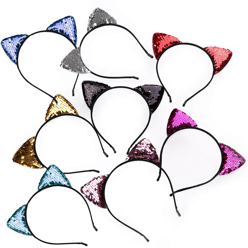 

8pcs Cat Ears Headband Sequin Decorated Hair Bands Hoop Headdress Birthday Party Accessories Hairstyling Tools