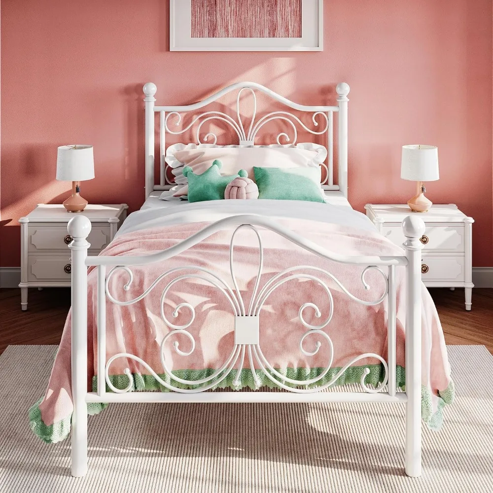 

US Shipping Twin Size Bed Frame for Kids with Butterfly Headboard Footboard Metal Frame No Box Spring Needed Easy Assembly