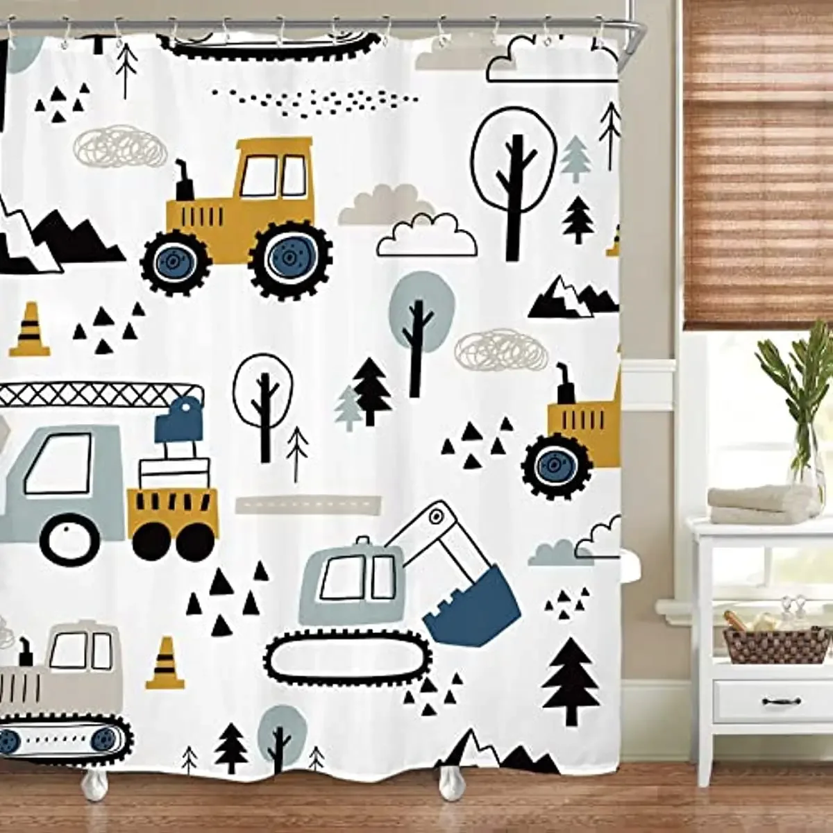 Kid Excavator Shower Curtain Tractor Mechanic Truck Construction Vehicle Boys' Bulldozer Crane Hanging Curtains Bathroom Decor