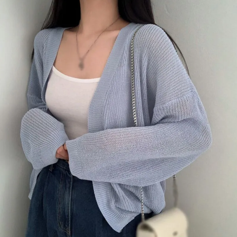 Summer Ice Silk Short Knitted Sunscreen Cardigan Solid Color Thin Versatile Casual Ice Silk Knit Cardigan Women Long Sleeve Top