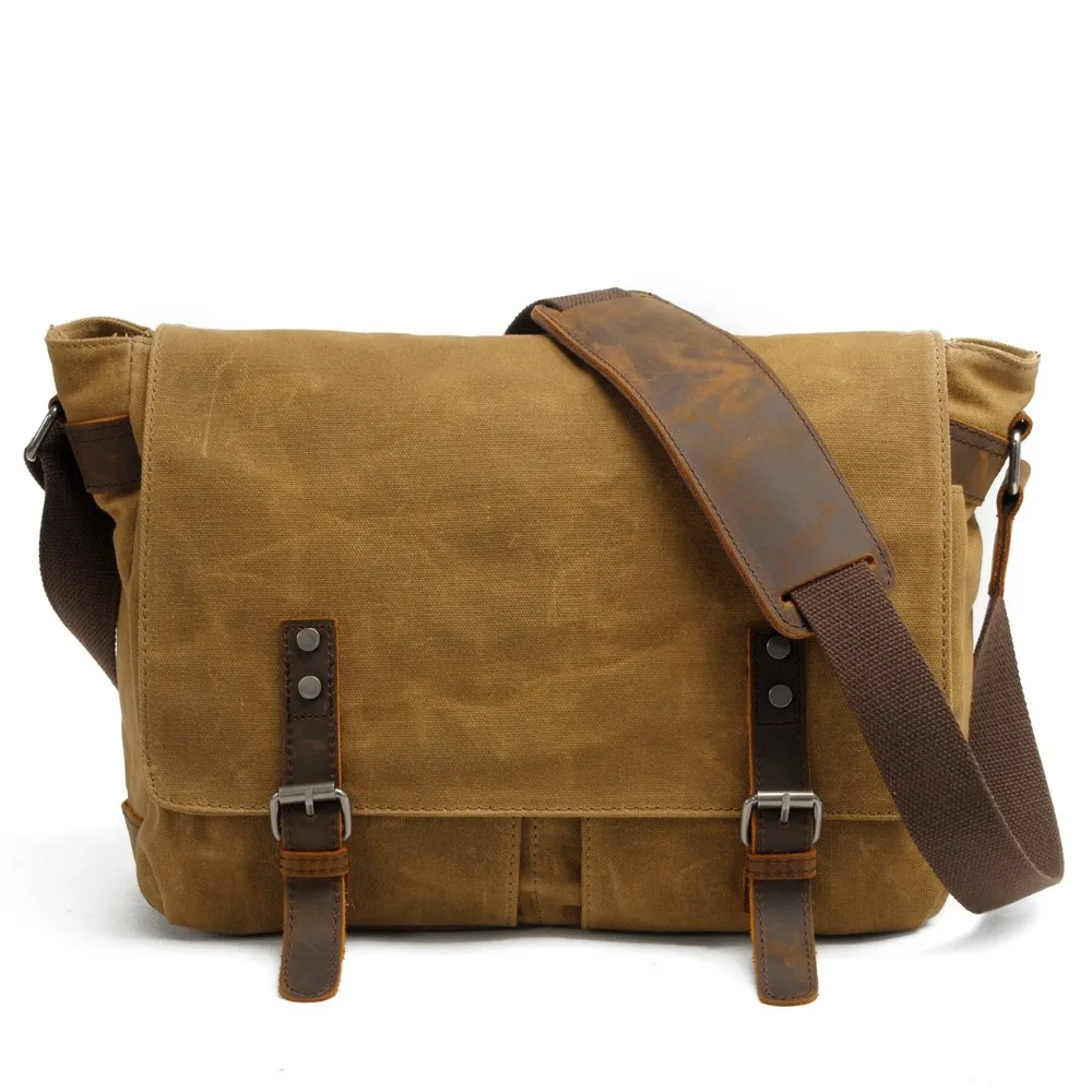 Maletines masculinos de alta calidad, bolsos de mensajero de negocios, bolsos cruzados de viaje de cuero de Caballo loco de lona para hombres, bolsos de hombro