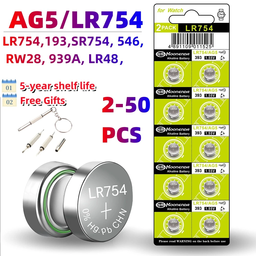 High-Quality Alkaline Battery 1.55V AG5 LR754 Button Batteries SR754 193 393 SR754SW LR48 FRound Cell Coin or Watch Toys Clock