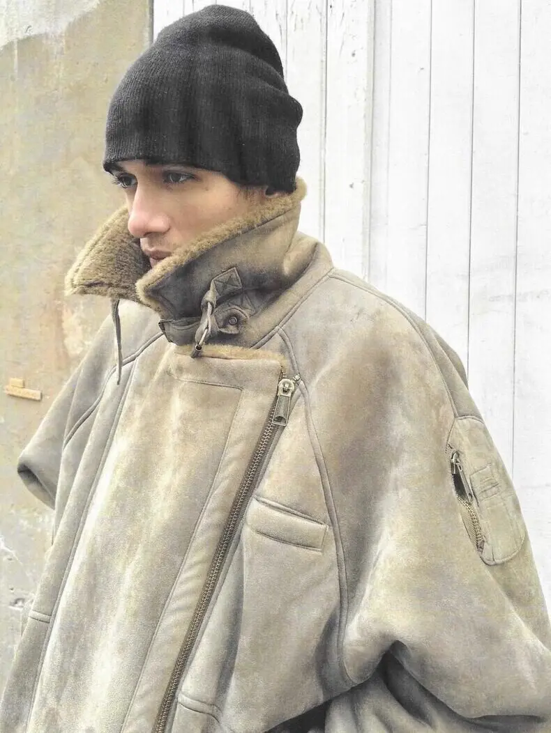 No Faith heavy lamb wool jacket suede motorcycle fur collar thermal anti-wind cotton jacket