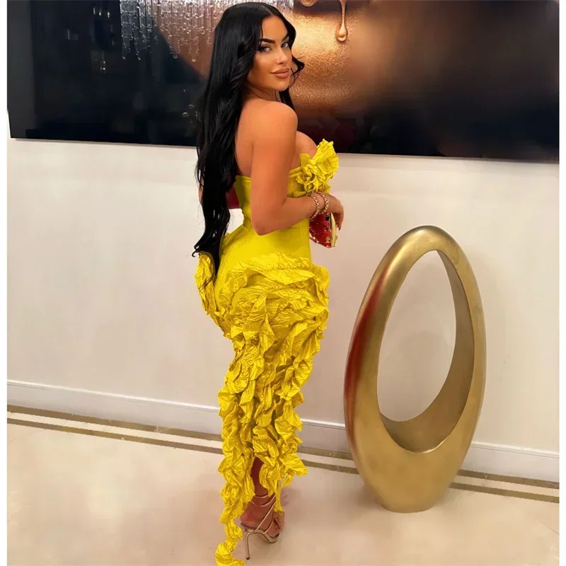 Elegant Ruffles Tassel Birthday Dress for Women Club Night Party Celebrity Irregular Strapless Sleeveless Evening Long Dresses