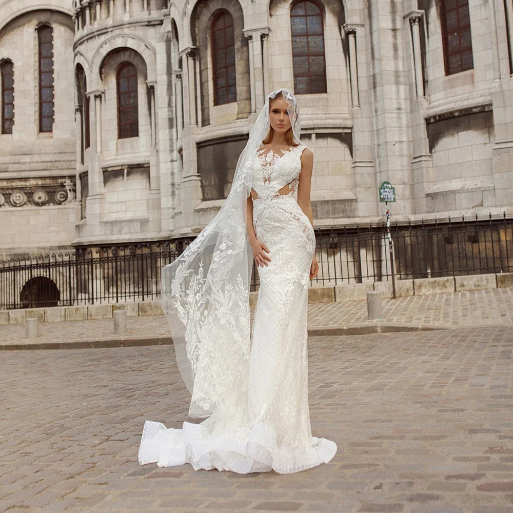 Robe de mariée sirène en dentelle, tenue de soirée Sexy, dos nu, col en v, sans manches, longueur au sol, 2022