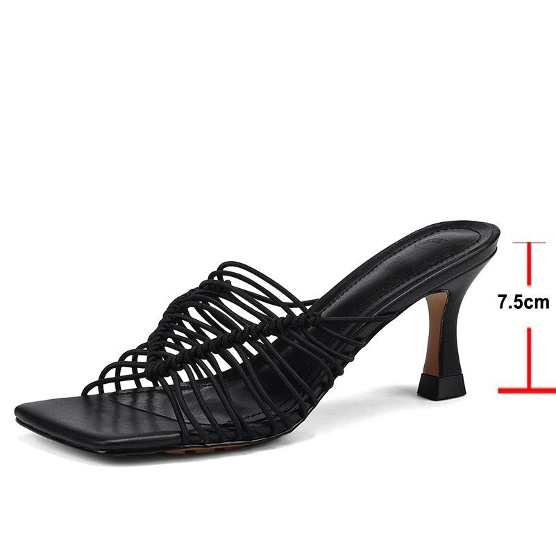 Meotina Shoes Women Genuine Leather Gladiator Slippers High Heel Sandals Thin Heel Square Toe Ladies Footwear Summer Black 33-43