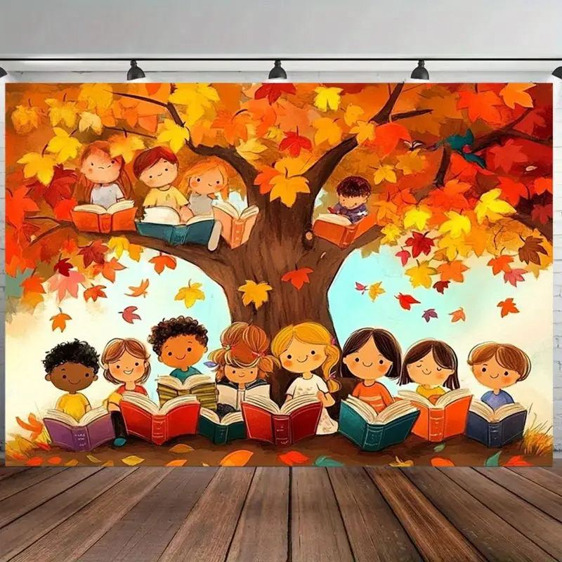 VIKAMA Funny Autumn Maple Cartoon Children Reading Healing Tapestry, Cozy Wall Hanging for Bedroom Living Room Dorm
