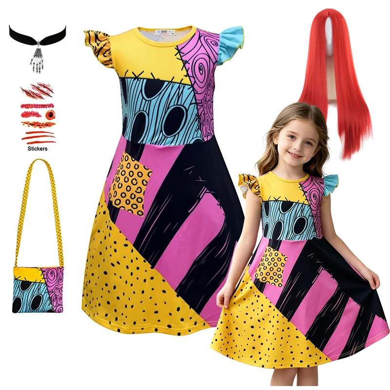Little Girls Rag Doll Dress Color Patchwork Stitched Sleeveless Ruffle Halloween Trick Or Treat School Stage Outfit