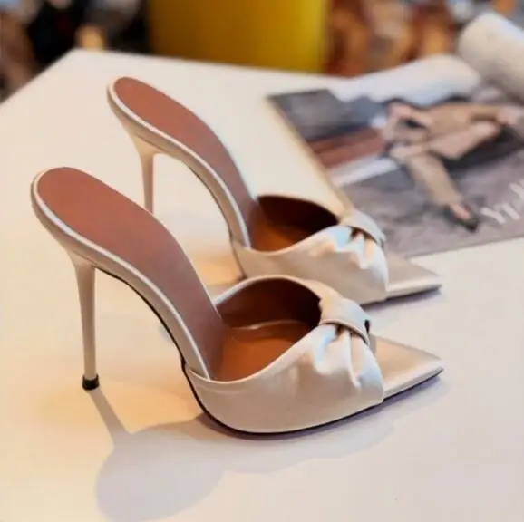 

Champagne Black Satin Butterfly Knot High Heel Mules Women Pointed Peep Toe Shallow Slip On Thin Heels Leopard Modern Slippers