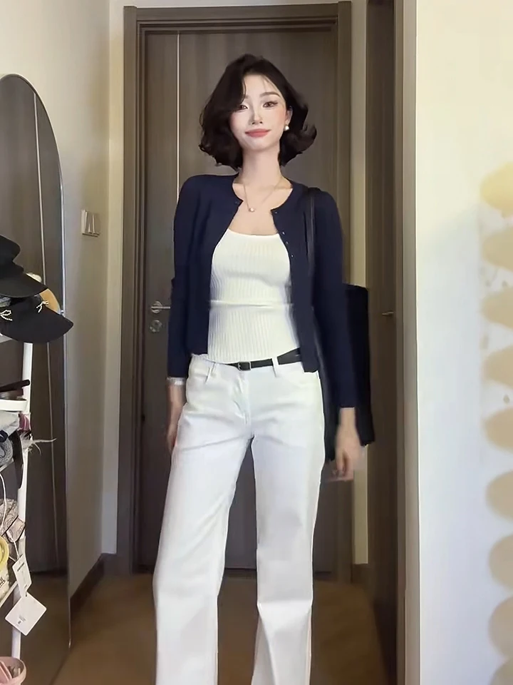 

Комплект из укороченного вязаного топа и кардигана для женщин, синего цвета, для весеннего повседневного образа, с длинными рукавами, круглым вырезом, теплая верхняя одежда