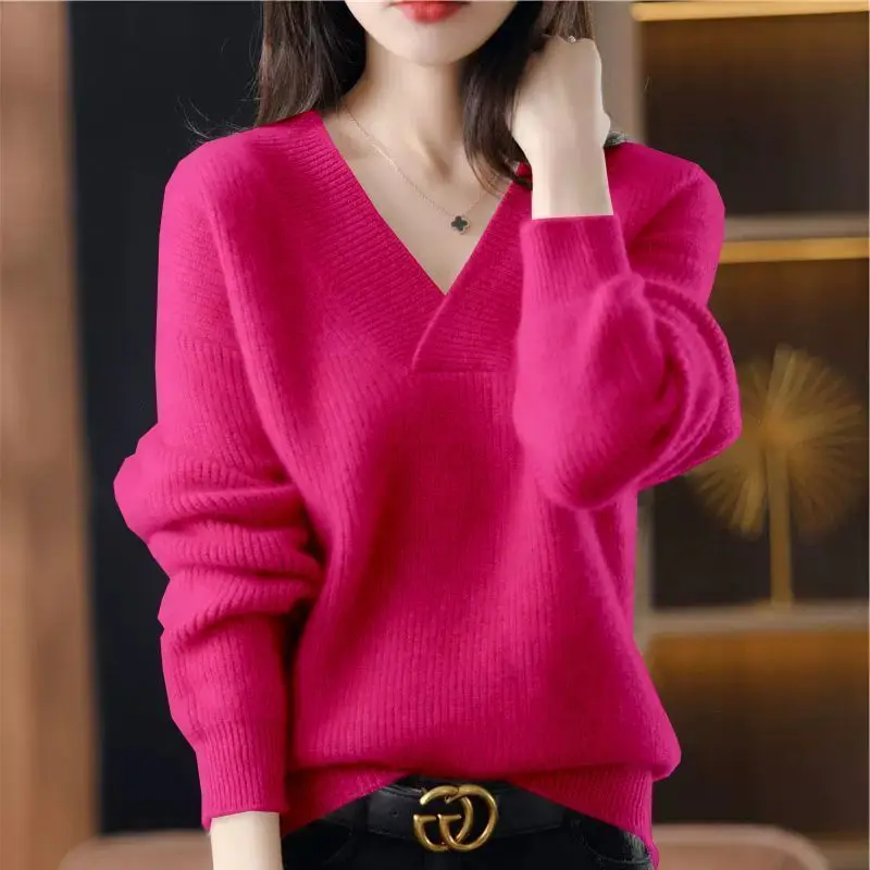 Autumn Winter V-Neck Solid Color Pullover Lantern Long Sleeve Sweater Knitted Elegant Casual Fashion Women's Clothing Tops