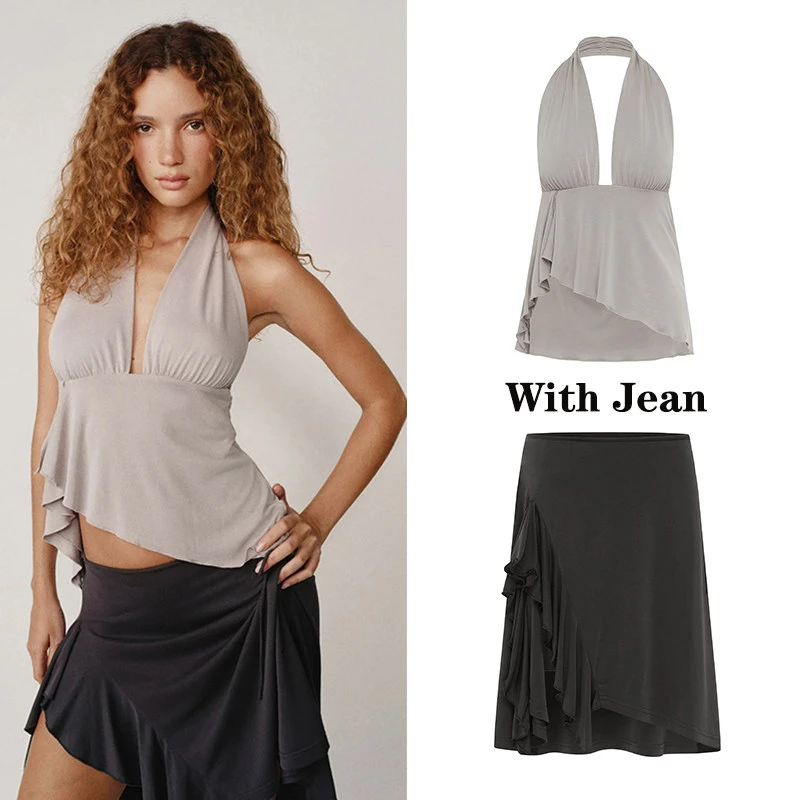 With Jean Backless Halter Neck Deep V-Neck Ruched Top + Irregular Slit Low-Waist Skirt Two-Piece Set for Women