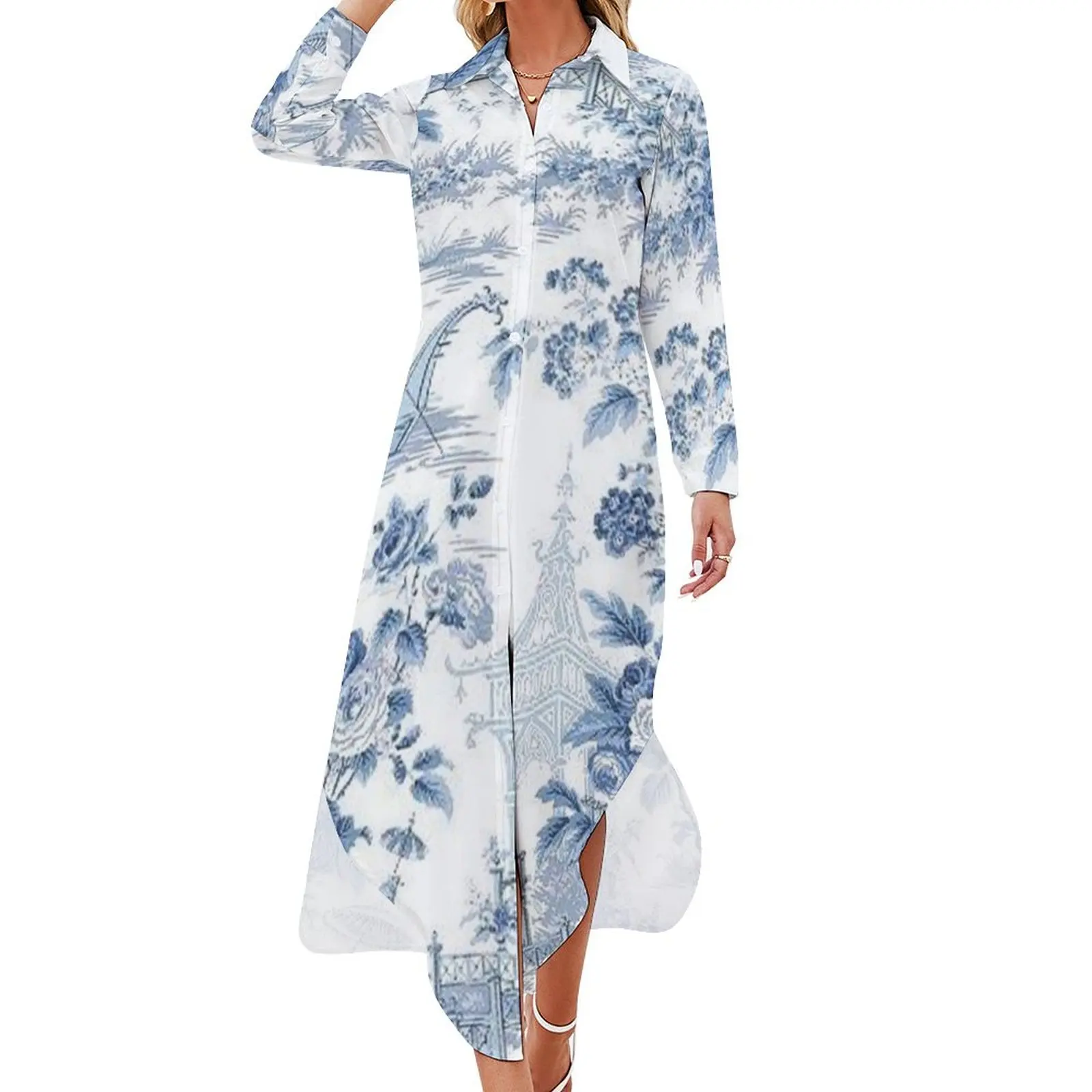 

Powder Blue Chinoiserie Toile Long Sleeved Shirt Dress festival outfit women sensual sexy dress for women