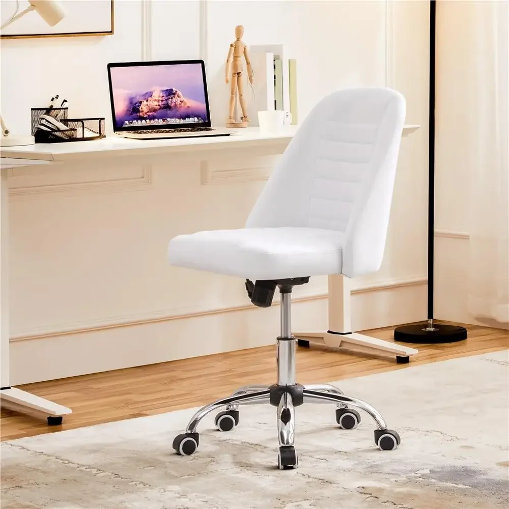 Armless White Desk Chair Modern Tufted Faux Leather Adjustable Height Comfortable Office Chair 300 lb Capacity