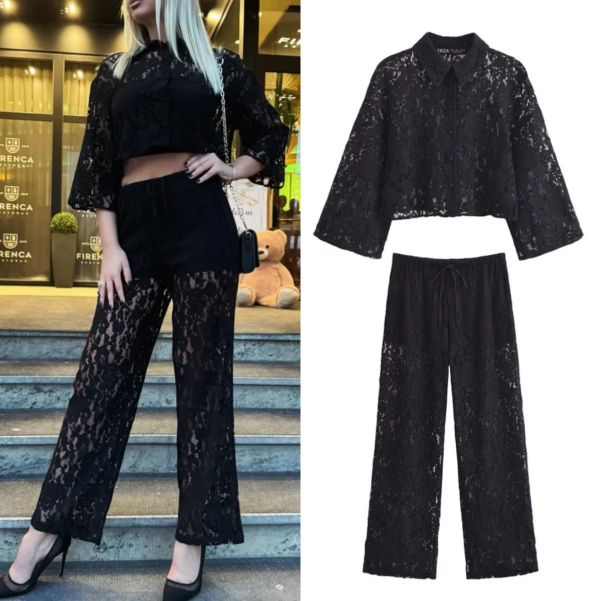 

TRAF Women's Lace Casual Straight Pants Shirt Set Women's Loose Top Women's Casual Wide Leg Pants Women's 2-piece Set 2024Summer