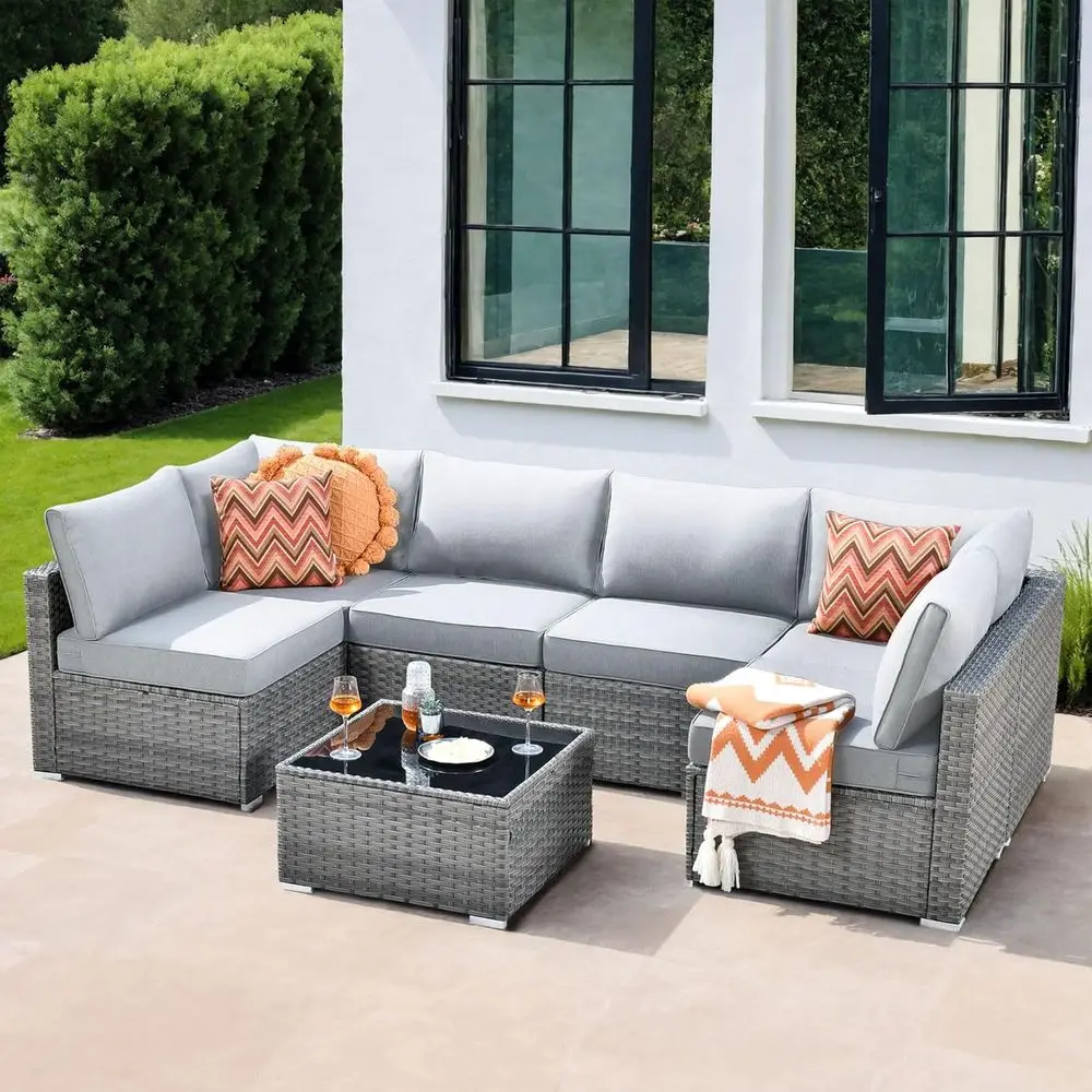 

7-Piece Outdoor Wicker Patio Sofa Set with Coffee Table, Ideal for Balcony or Backyard, Blue