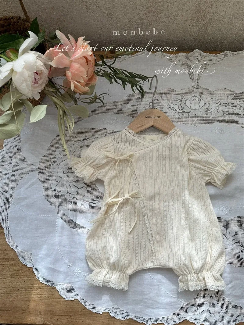 2024 Summer New Baby Diagonal Placket Lace Romper Girls Short Sleeve Lace Jumpsuit Newborn White And Apricot Bodysuit Clothes