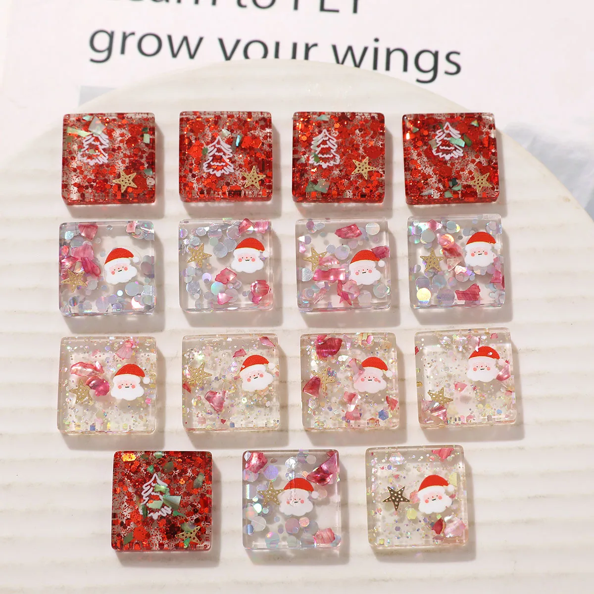 25mm 40pcs Glitter Red Icy Christmas Style Geometry Square Cube Christmas Style Resin Cabochon Cameo Patch Sticker 40pcs 25*25mm