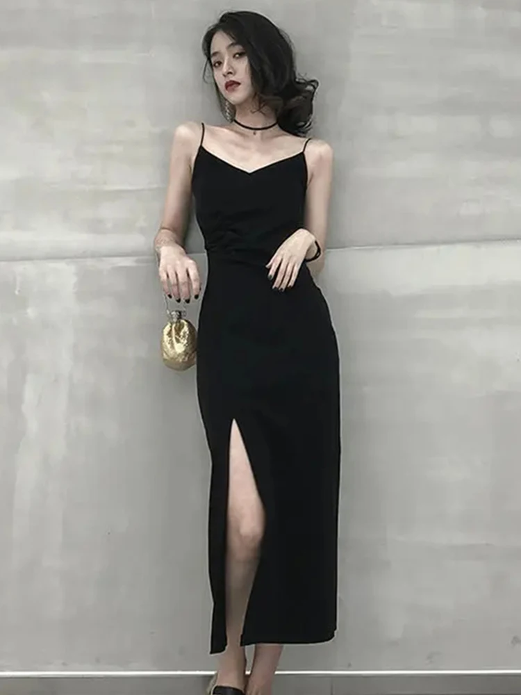 2025 mode zomer vrouwen jurk vestidos de mujer effen geplooide split jurken vrouwen hoge taille temperament sling sexy gewaad femme