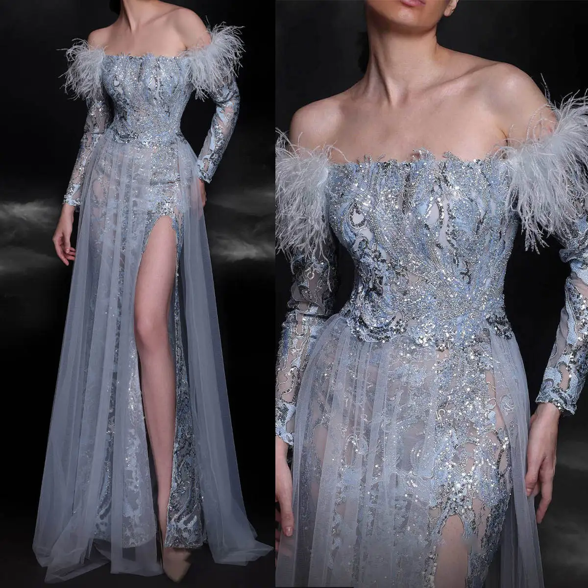 

Attractive Sheath Gown Prom Dresses Feathers Sequins Lace Party Dresses Strapless Plus Size Custom Size Colour Evening Dresses