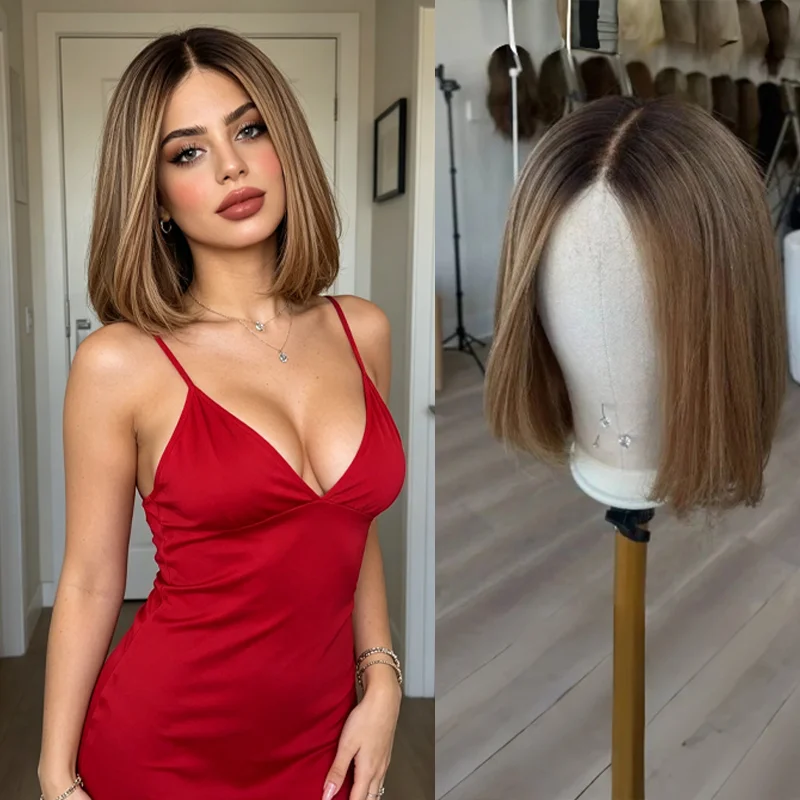 

Ombre Bob Glueless Wig Synthetic Hair Natural Straight HD Lace Front Highlight Short Bob Brown Cosplay Wig for Women