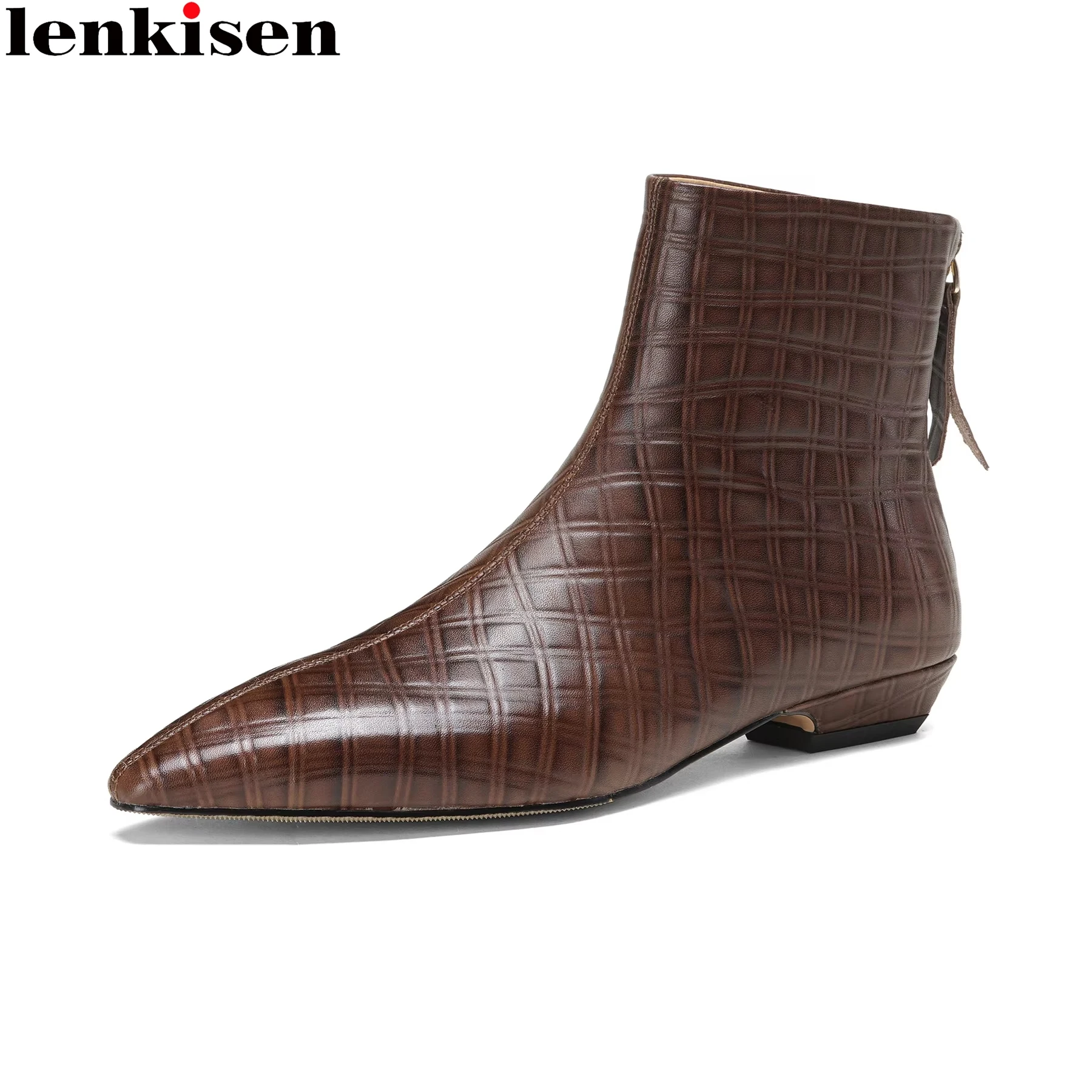 Big Size 33-43 Cow Skin Pointed Toe Low Heels Zipper Print Modern Boots Warm Winter Shoes Dating Concise Retro Brand Ankle Boots